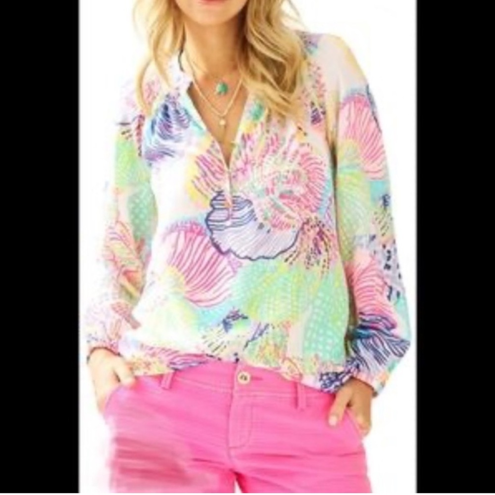 EUC Lilly Pulitzer Silk Floral Bright Multicolor Blouse lightweight sheer medium